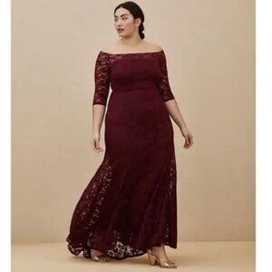 Torrid Evening Gown Maxi Dress Burgundy Lace Off The Shoulder
